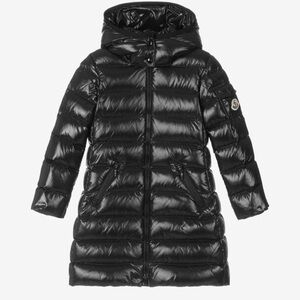 Moncler Kids- Moka Shiny Black Hooded Long Quilted Puffer